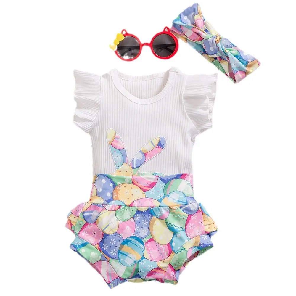 Pasqua vestiti estivi per bambine tutine per neonato fascia per capelli 2024 cartone animato colorato uovo da coniglietto Set per bambine