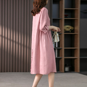 M-<strong>XXL</strong> Spring New Loose Solid Cotton Hemp 3/4 Sleeve Dress Women's Mid Length <strong>Single</strong> Breasted Shirt Dress