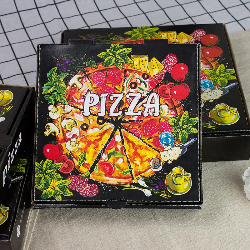Cajas de embalaje de grado alimenticio, embalaje de Pizza de papel corrugado personalizado, color negro