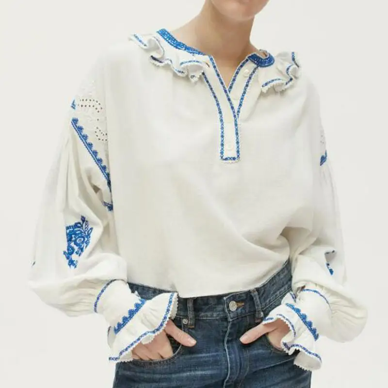 Blusa informal de algodón y lino con manga larga para mujer, blusa holgada bordada de algodón y lino con volantes