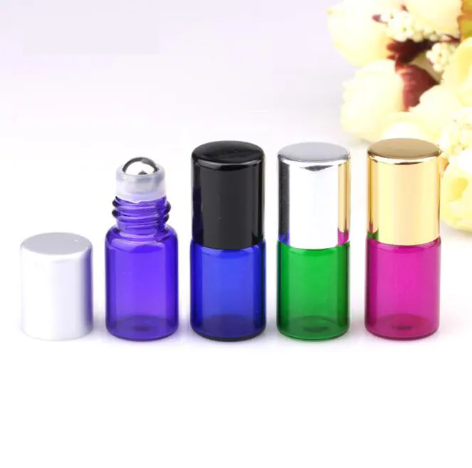 Botella de cristal roll on perfume rellenable, Bola de rodillo de acero inoxidable, botella de muestra de Cosméticos líquidos, aceite esencial, 1ml, 2ml, 3ml