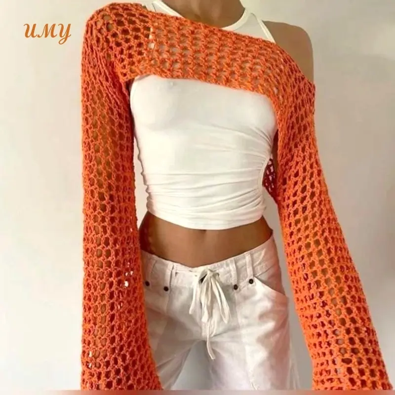 Outono Mulheres Crochet Fishnet Férias Desgaste Outfit Handmade Long Sleeve Crop Top Vestuário Fabricante Bolero Shrug Para As Mulheres