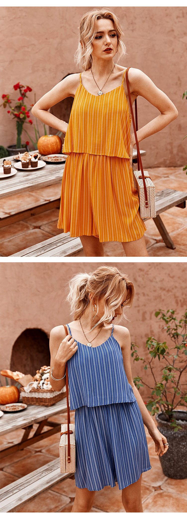 Designer model hot sale item Summer sweet style stripe adjustable spaghetti strap short Jumpsuits