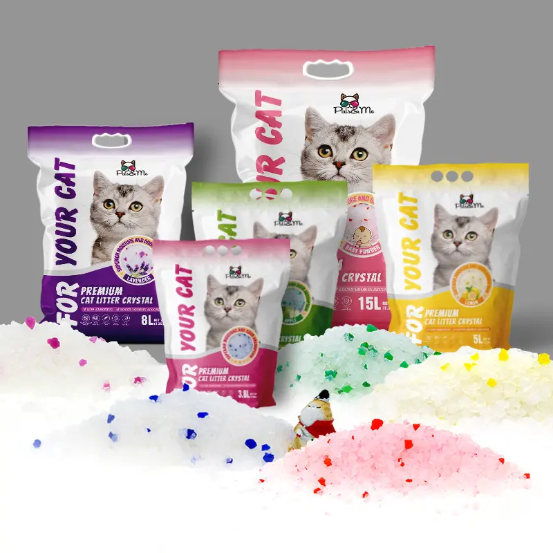 Commercio all'ingrosso personalizzato bianco gel di silice gatto sabbia silicone Kitty lettiera fornitore Gel di silice cristallo lettiera per gatti