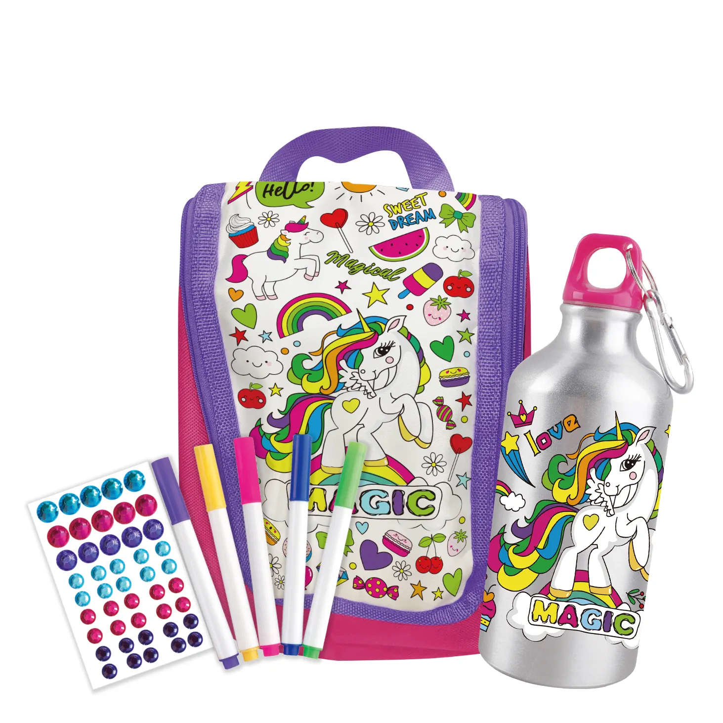 DIY boyama boyama okul çantası ve su şişesi hediye çocuklar için oyuncak seti sırt çantası