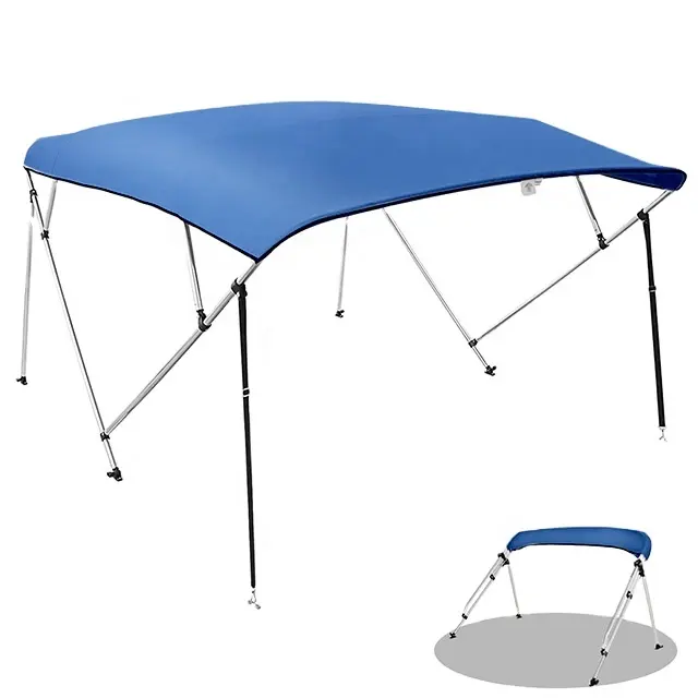 Haut de Bimini bleu à 4 nœuds, couverture de tente de bateau en aluminium Polyester 600D avec poteau de Support arrière et botte de rangement