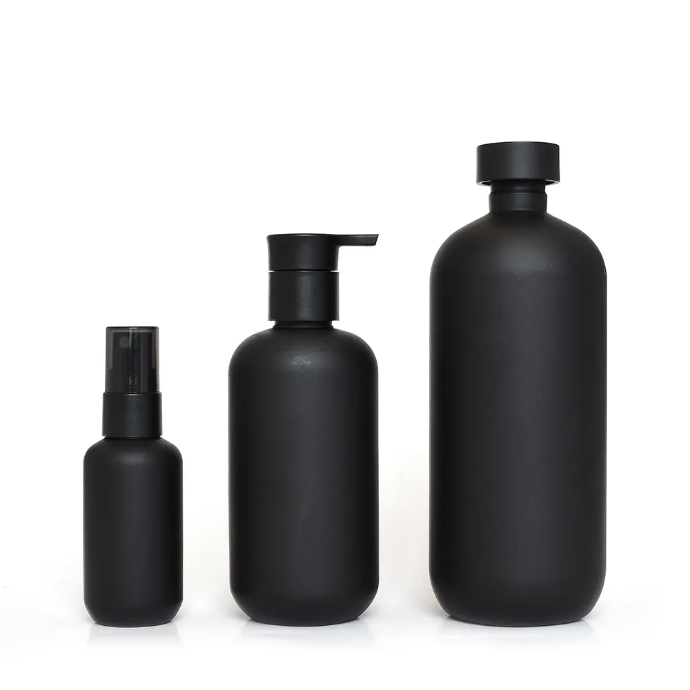 Flacone di shampoo rotondo in pe nero opaco per uomo flacone di gel doccia per la cura della pelle 150ml 200ml 500ml flacone di pompa per shampoo in pe