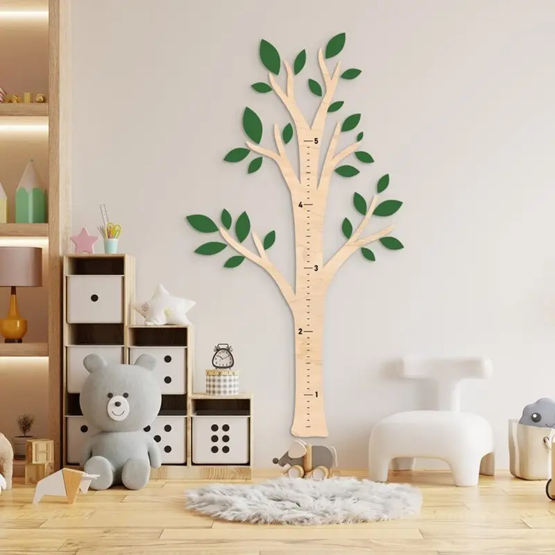 شجرة خشبية جدارية للأطفال العائلية، عصا قياس ارتفاع، مخطط مسطرة نمو الأطفال