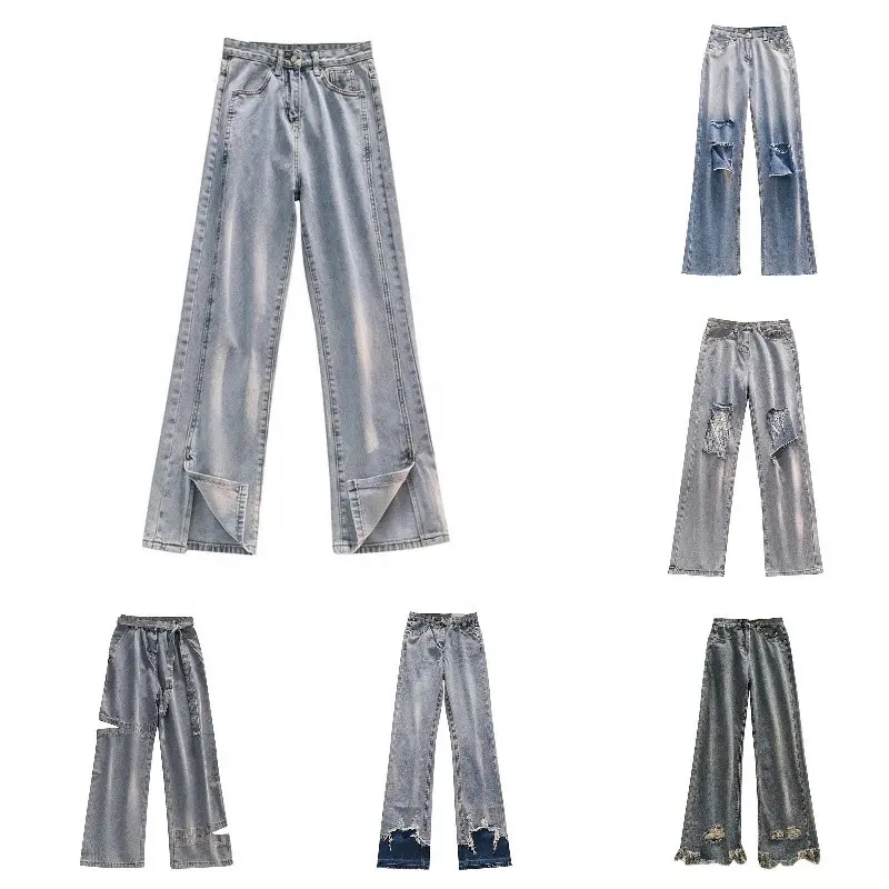 new design korean women's denim pants ladies fashion wide-leg pants foreign trade supply of goods elastic women's jean