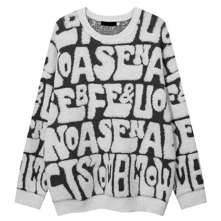 Original Design National Fashion Sweater Letters Pullover Crew Neck Casual Embroidery Knitted Sweater For M