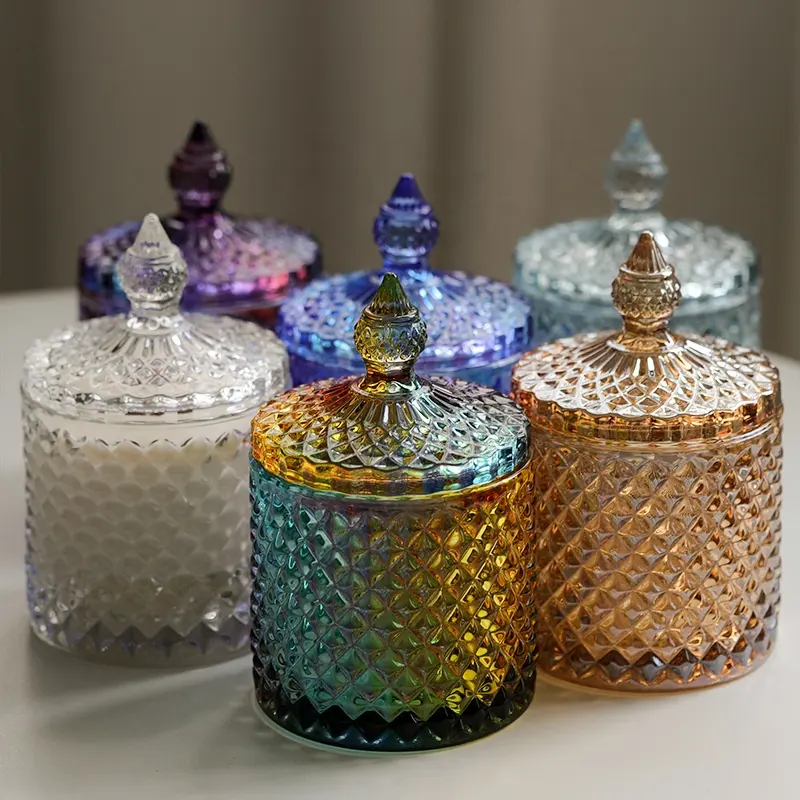 Luxury Crystal Colorful Glass Candy Jars Decorative Sugar Dried Fruit Storage candle glass container With Lid