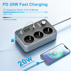 全新欧洲标准电源板高质量3个插座，带3个USB 2型PD快速充电端口扩展插座 - Product Image 3