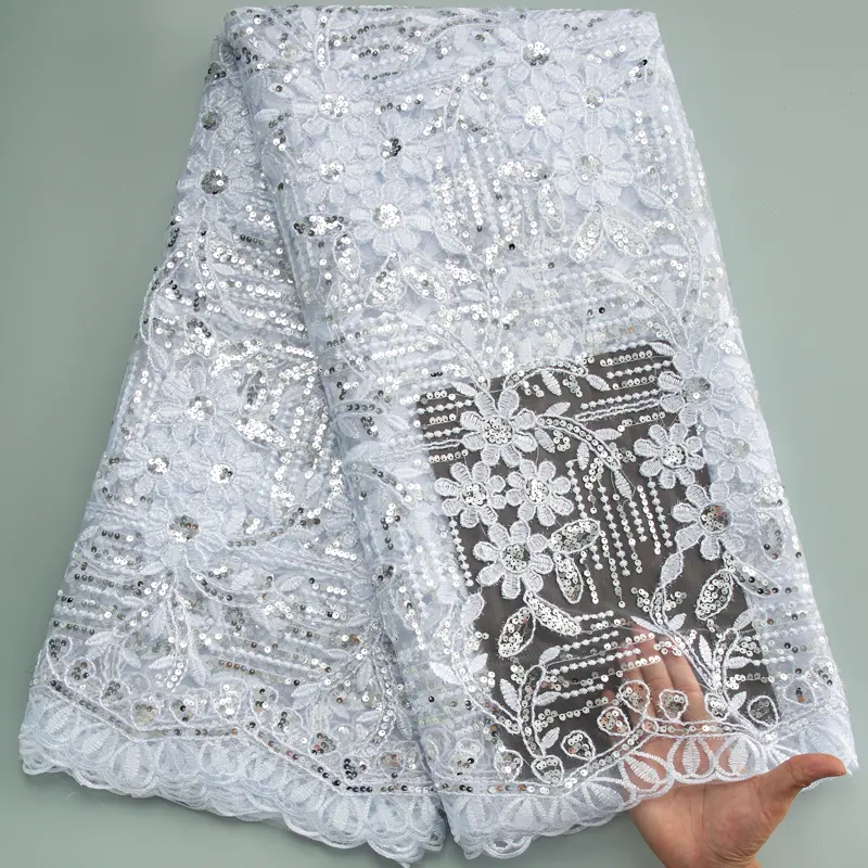 3566 luxe pur blanc africain maille dentelle tissu avec argent brillant paillettes haute qualité français broderie Tulle dentelle pour mariage