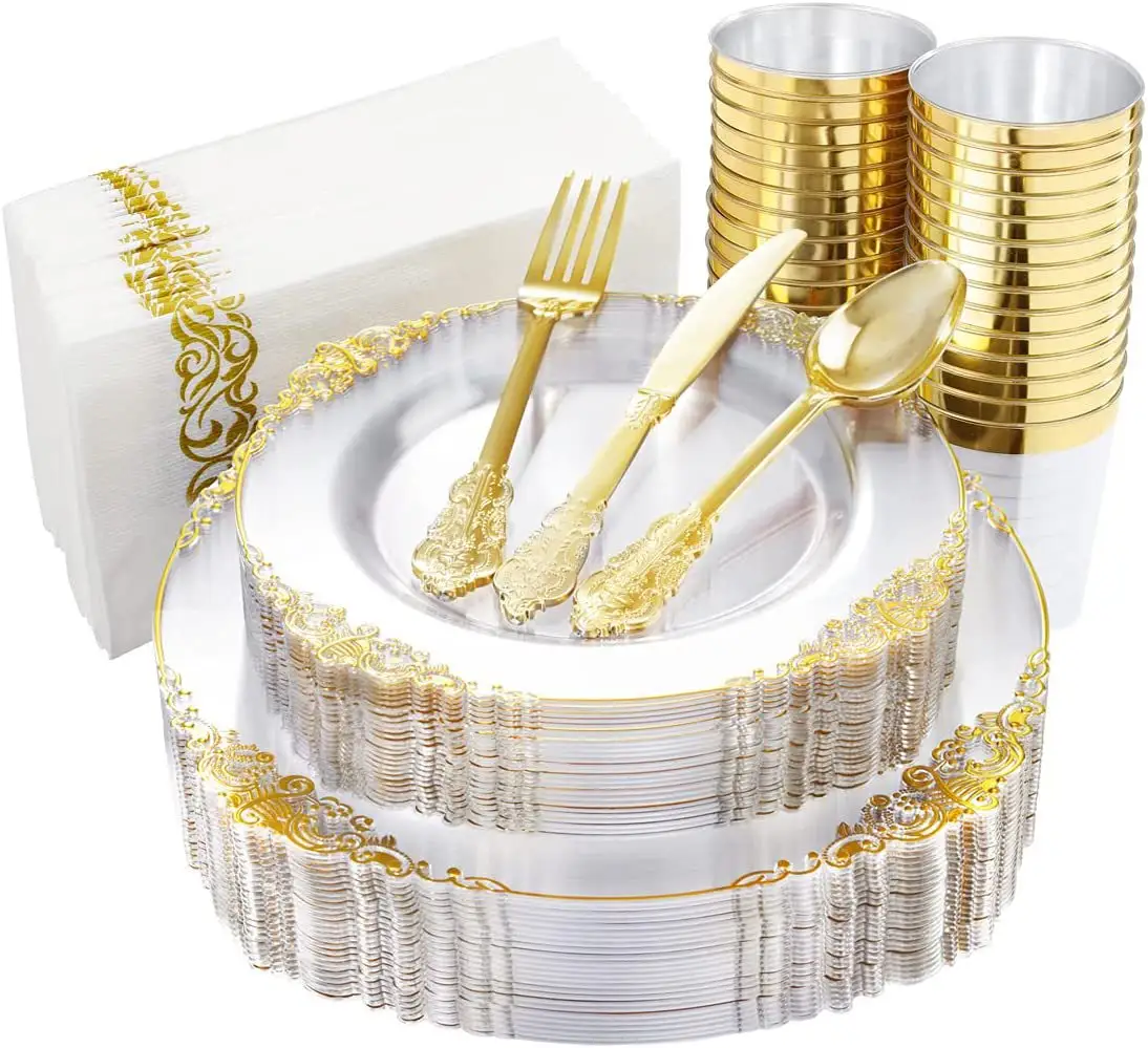 Juego de vajilla de plástico dorado de 175 piezas, juego de platos de cena de plástico dorado para invitados, decoración para fiesta de boda