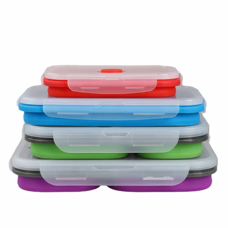 Caixa portátil de almoço dobrável de silicone, recipiente de armazenamento de alimentos para microondas, almoço