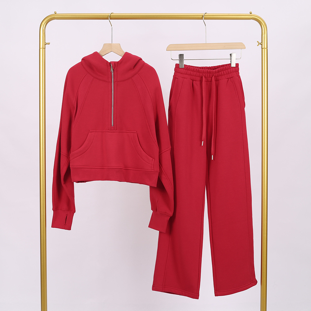 Chinese red hooded half-pull sweat pants set