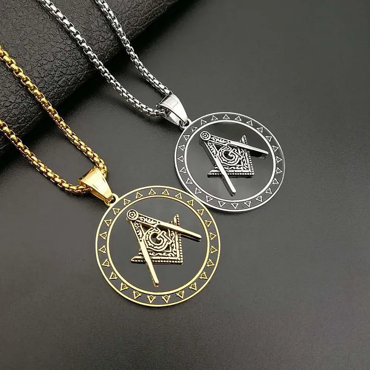 Colar maçônico de aço inoxidável para mulheres e homens, joia fina banhada a ouro, colar de forma redonda AG Freemason, moda da moda