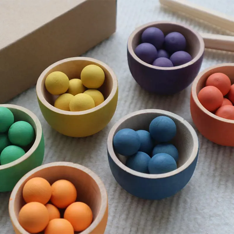 Kinderen Leren Speelgoed Spel Schattig Montessori Regenboog Tellen Sorteren Houten Ballen Sorteren Pin Poppen Met Cup Bowls Lepel Tang Set