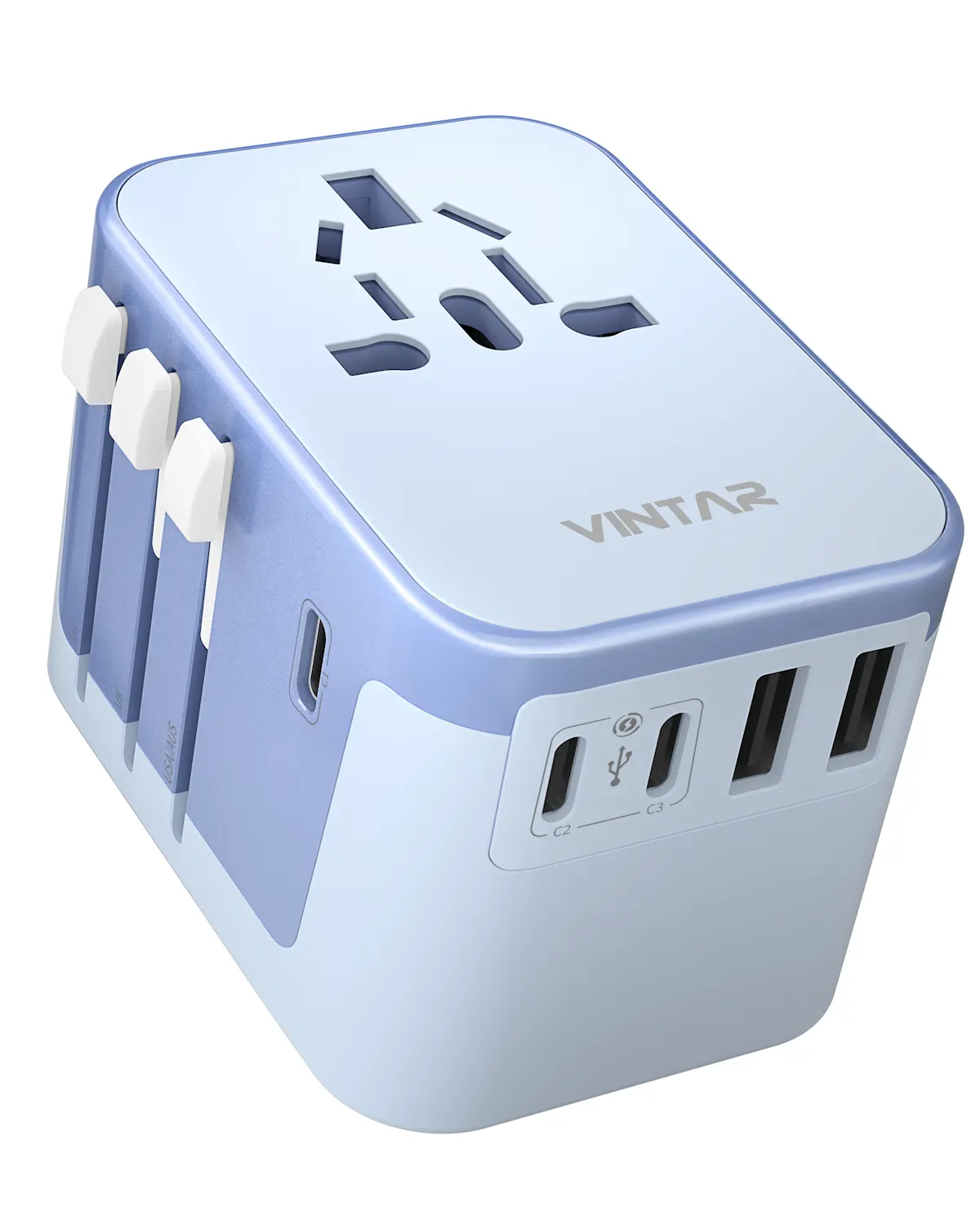 VINTAR universal travel charger power adapter socket EU AUS UK US plugs with 3 USB-C and 2 USB