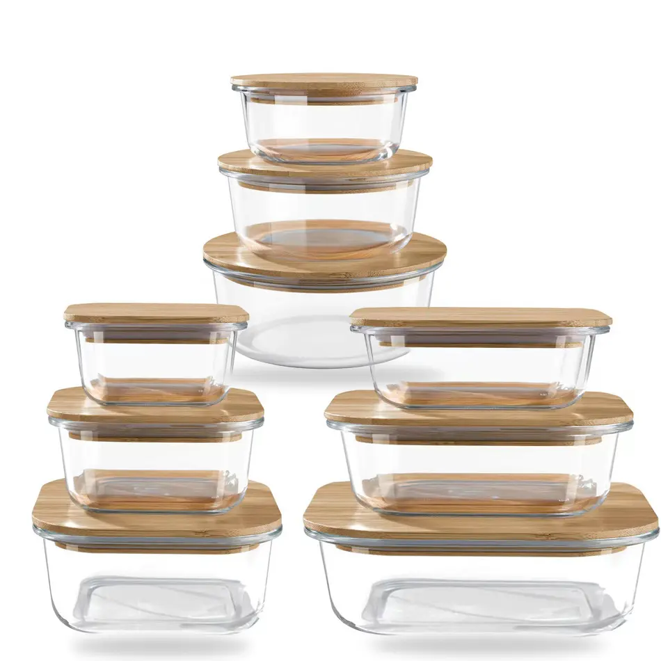 rectangle square round Glass food storage box borosilicate Glass bowl refrigerator sealed lunch box with bamboo lid