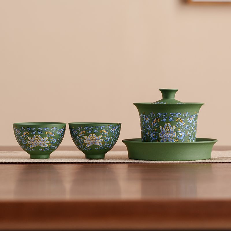 Ensemble gaiwan lotus en argile verte + 2 tasses à bouche ronde