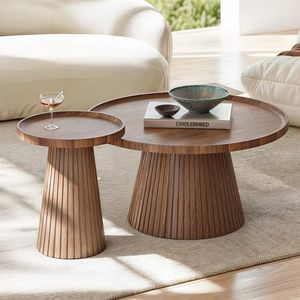 AJUNION Mid Century Modern <strong>Nesting</strong> Coffee <strong>Table</strong> Set Wood Grain Veneer Fluted Round Tea <strong>Table</strong> and <strong>End</strong> <strong>Table</strong> Set for Living Room - Product Image 1