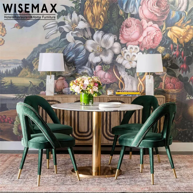 WISEMAX FURNITURE design moderno di lusso tessuto di velluto verde economico gambe in metallo dorato sedia da pranzo con schienale alto per ristorante cafe home