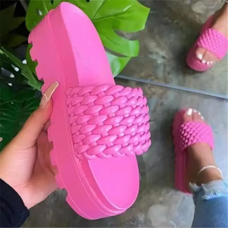 Women shoes cross border fashion sandals pure color braided summer thick-soled outdoor beach leisure plus size 43 wedge slippers