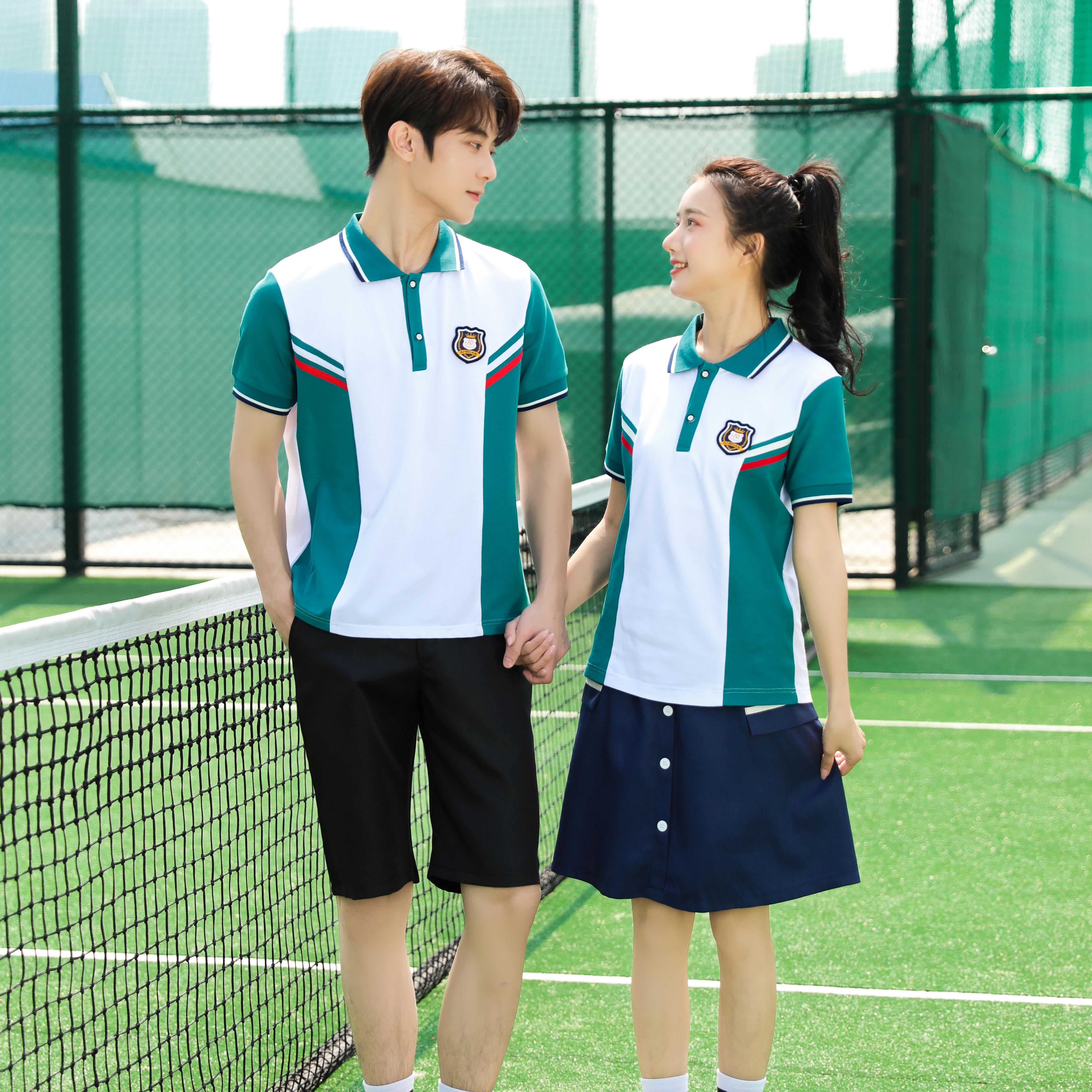 Blue polo shirt+Button skirt