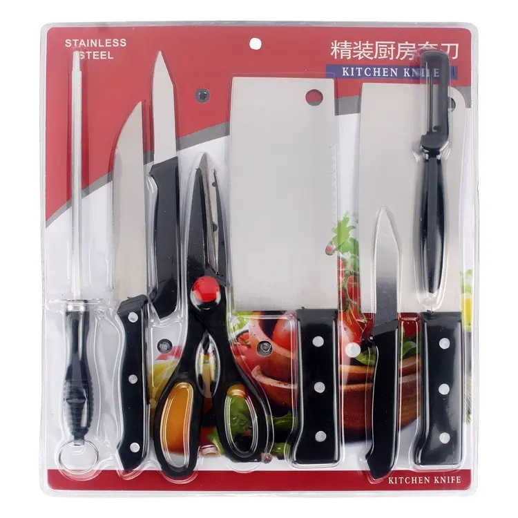 Ensemble de couteaux d'emballage sous blister en acier inoxydable de 8 pièces avec ciseaux à aiguiser les couteaux de cuisine