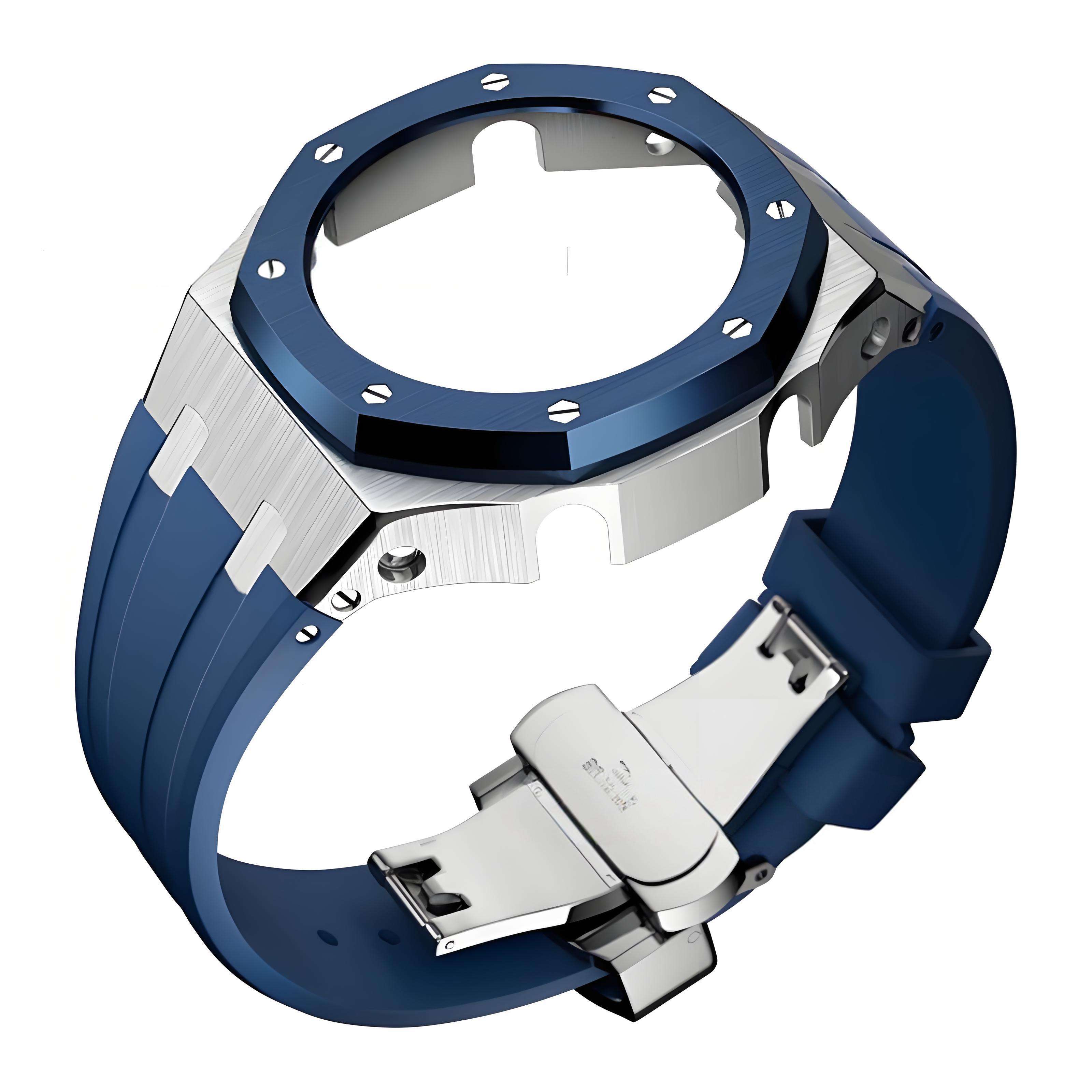 Bande élastique bleue en caoutchouc avec coque argentée.