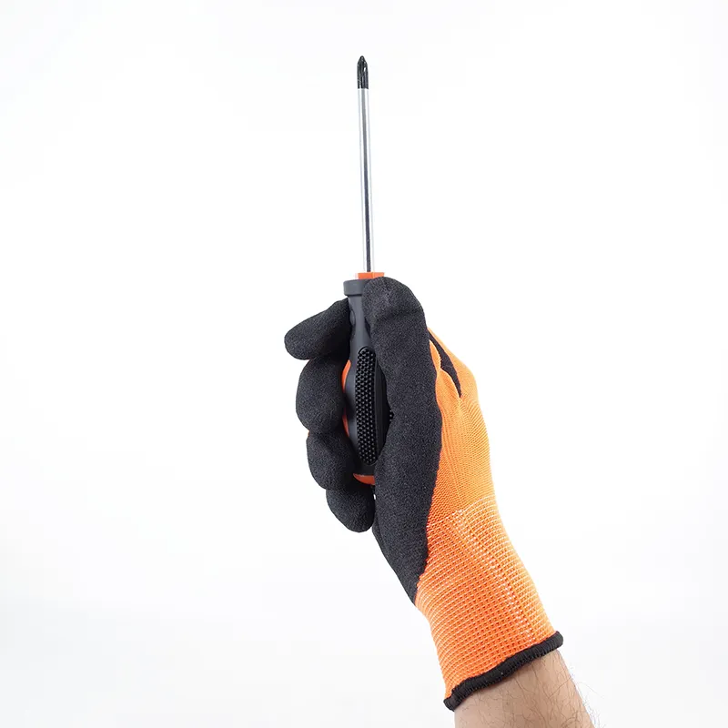 Luvas de segurança industrial para trabalho com acabamento arejado de látex preto poliéster laranja 13G