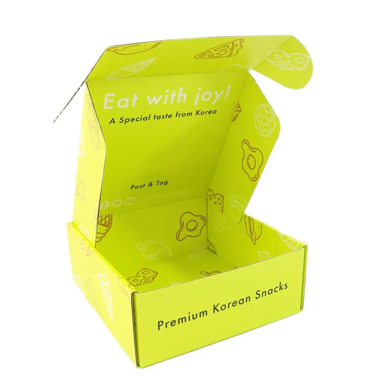 Caja de cartón plegable llamativa de color fluorescente, caja de embalaje de alimentos de marca, superventas