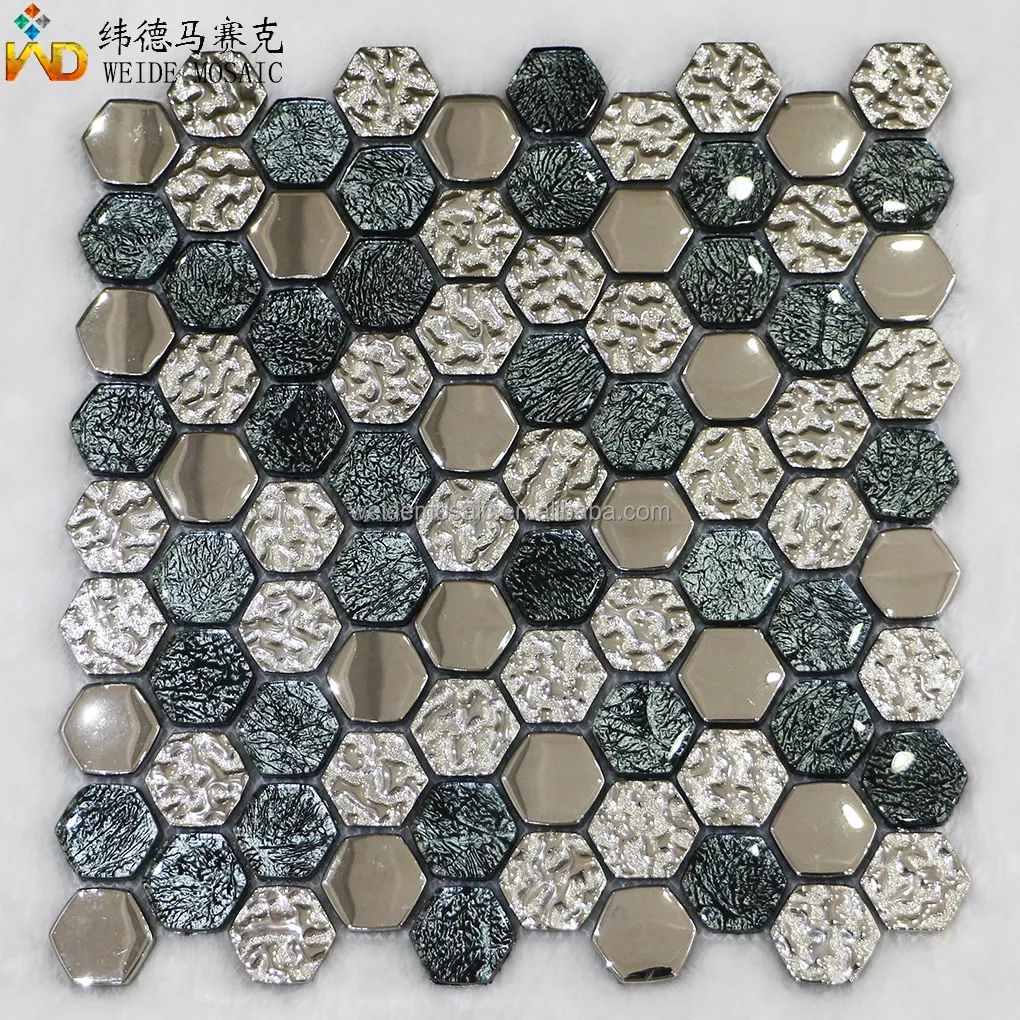Haute qualité 8Mm mur art décoration 3D couleur mélangée fond motif hexagonal forme verre cuisine panneau arrière carreaux de mosaïque