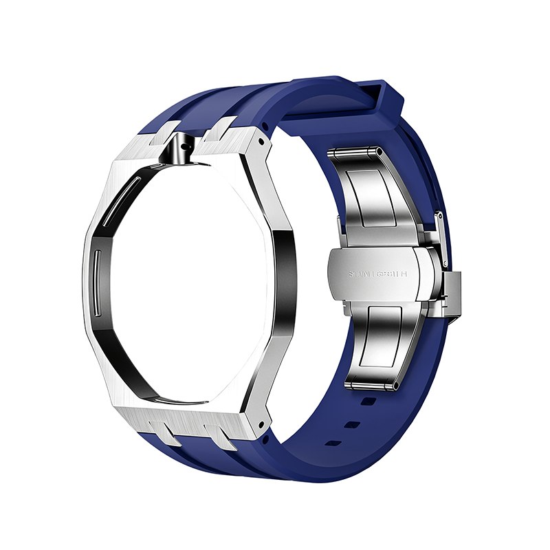 Boîtier argenté Bracelet en silicone bleu