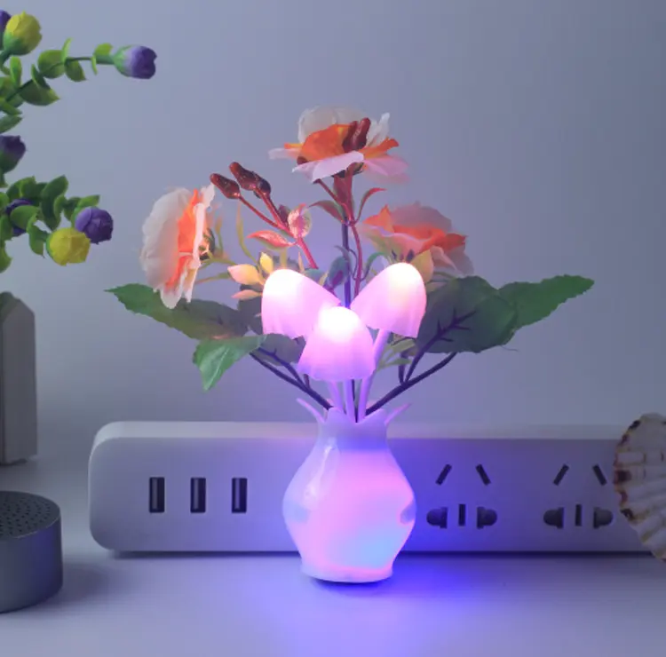 플러그 인 LED 꽃 버섯 다채로운 램프 침실 장식 미니 유도 램프 따뜻한 조명 제어 간단한 침대 옆 램프