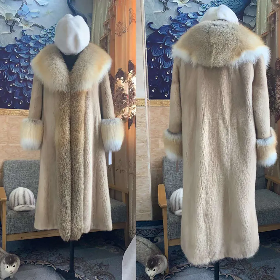 Mantel Bulu Mink Musim Dingin Wanita Pakaian Musim Gugur Jaket Wanita Bulu Mink Asli dengan Mantel Panjang Kerah Bulu Rubah Perak