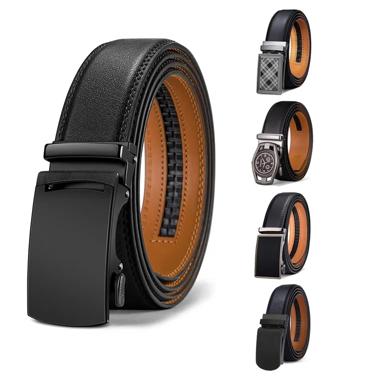 Ceinture à boucle automatique à cliquet pour hommes, cadeau de luxe pour fête des pères, ceintures en cuir véritable de styliste