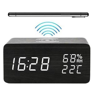 Modische Bambus-LED-Anzeige Elektronischer Wecker Nachtlicht Digitale Schreibtisch uhr mit kabellosem quadratischem Lade muster