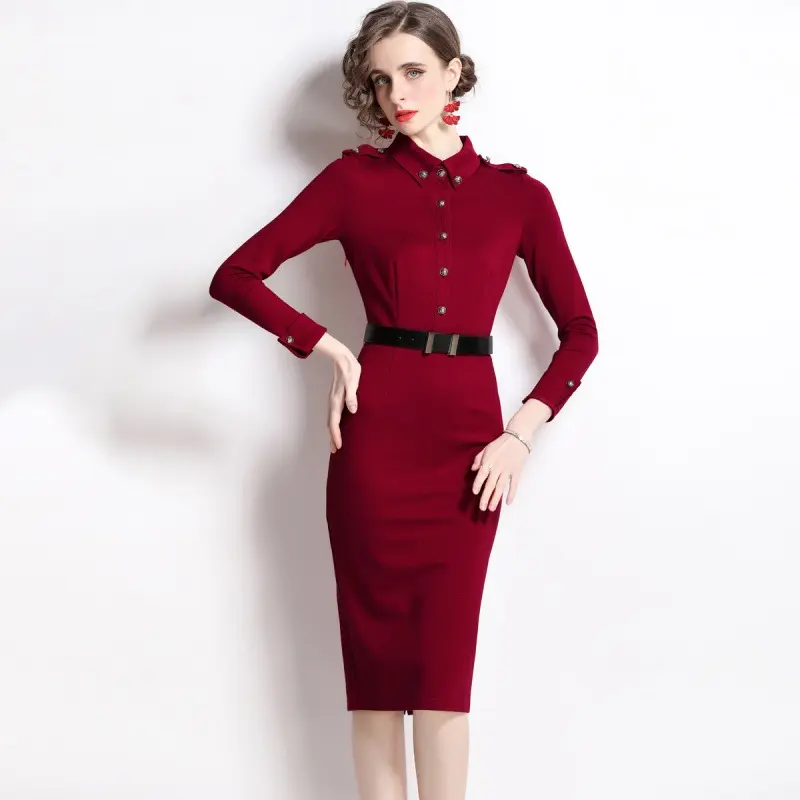Primavera 2022 new Roman Algodão emagrecimento das mulheres one piece vestido vermelho cereja magro casual formal vestido de senhora do escritório