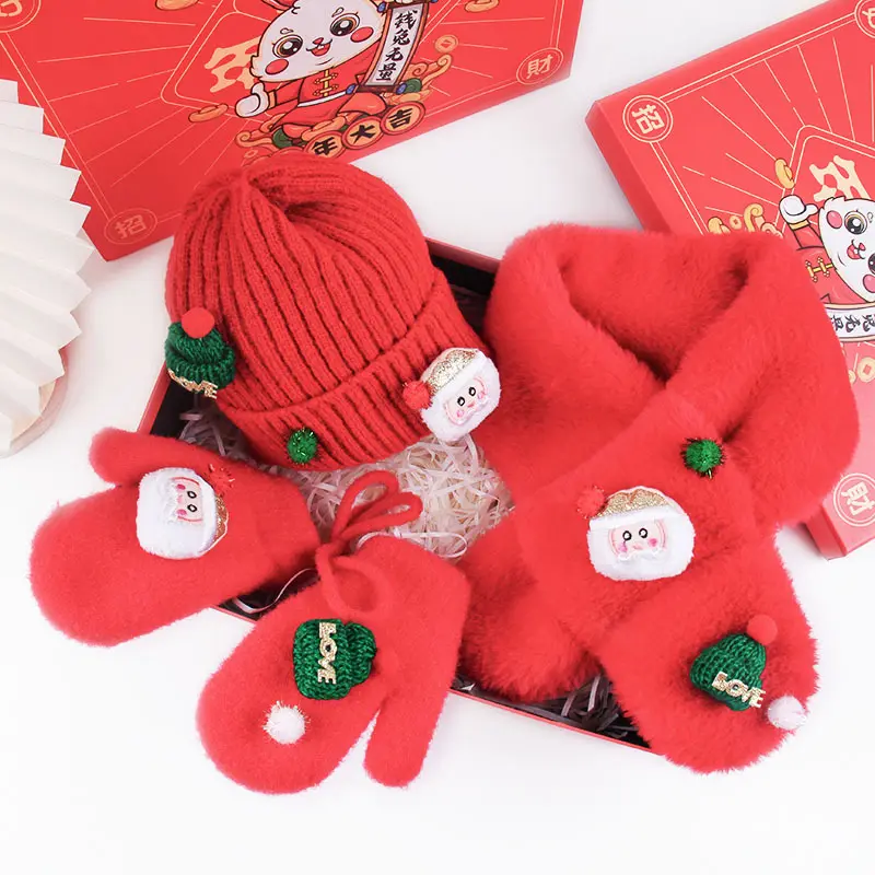 Wholesale Oem Boy Girl Christmas Patterns Knit Winter Beanie Hat & Scarf And Gloves Pair Set Cute Hat Scarf Gloves Set For Kids