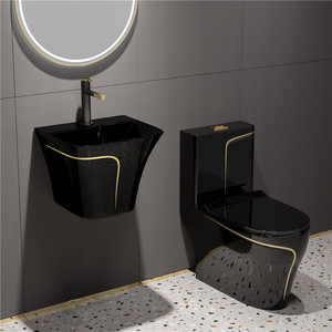 Luxury Bathroom Inodoro Sanitary Ware <strong>Wc</strong> One Piece Ceramic Toilet and Sink Set Bathroom Black Gold Color Toilet Bowl
