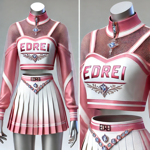 Trendy <strong>Pink</strong> Polyester Cheerleading Uniforms Custom Logo Printed Dazzling Rhinestone XS Size OEM Design - Product Image 2