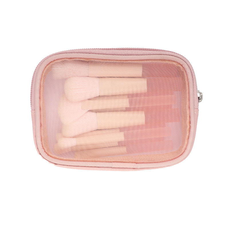 10-Piece Pink Brush Set PU Leather Mesh Bag