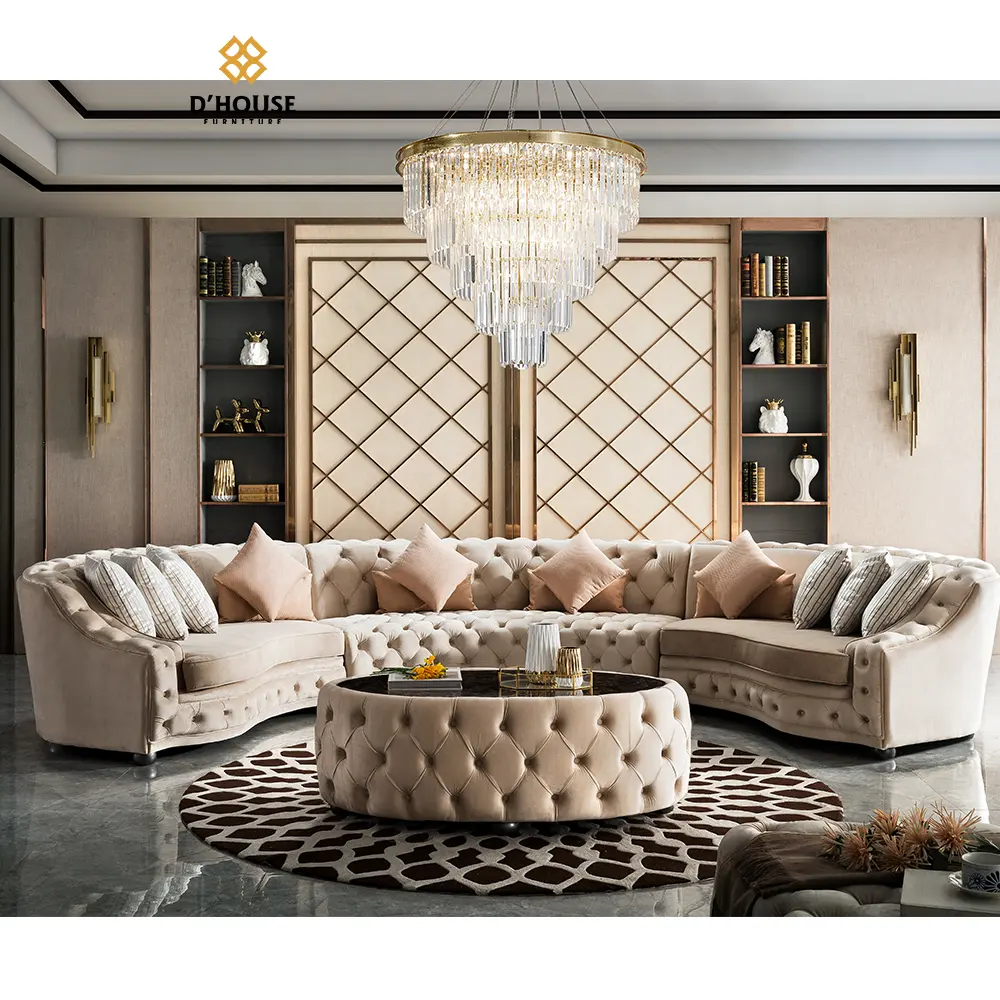 Elegante di lusso classico pulsante beige tessuto in velluto chesterfield curvo ad angolo divano divano per soggiorno