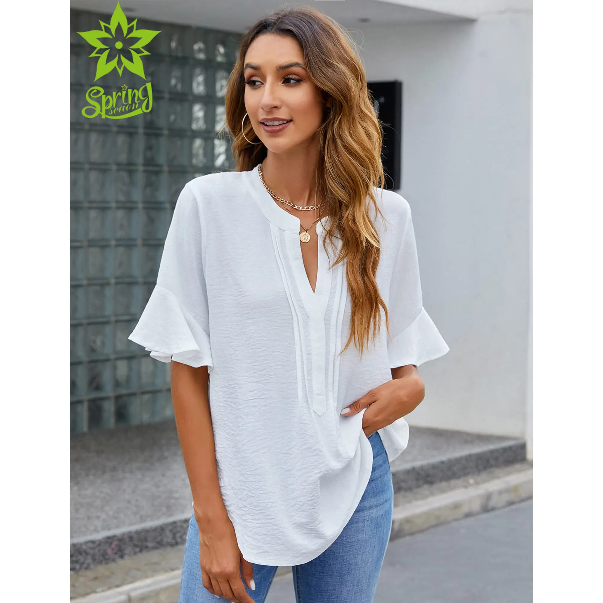 Diseños personalizados al por mayor de las mujeres de verano cuello en V corto de gasa Puff mangas camisas para mujeres sólido elegante Tops blusa Casual