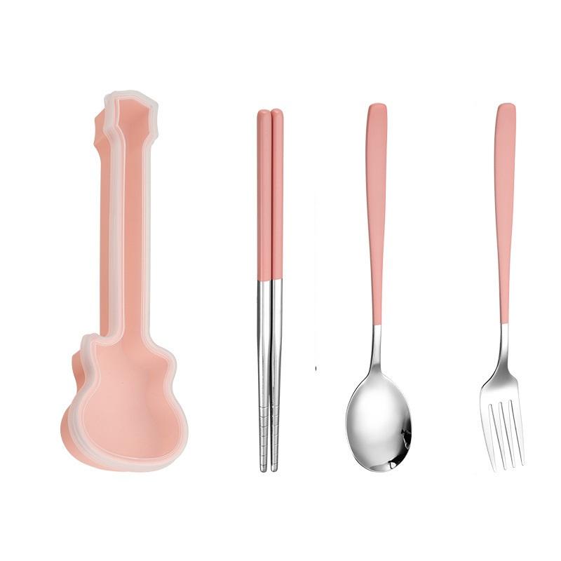 Cuillère + fourchette + baguettes (rose + argent)