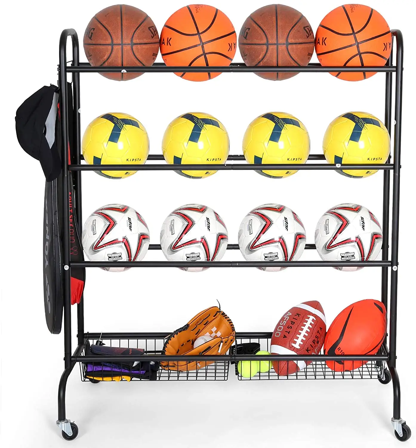 RUIMEI-Almacenamiento de equipo deportivo con ruedas, soporte organizador de 4 niveles con dos cesta para baloncesto, balones de fútbol y voleibol