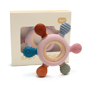 Trẻ sơ sinh bé mọc răng đồ chơi Silicone <span class=keywords><strong>teethers</strong></span> BPA free Silicone bánh lái Vòng gỗ bé cảm giác Mọc Răng Hạt DIY Teether Vòng đeo tay - Product Image 2