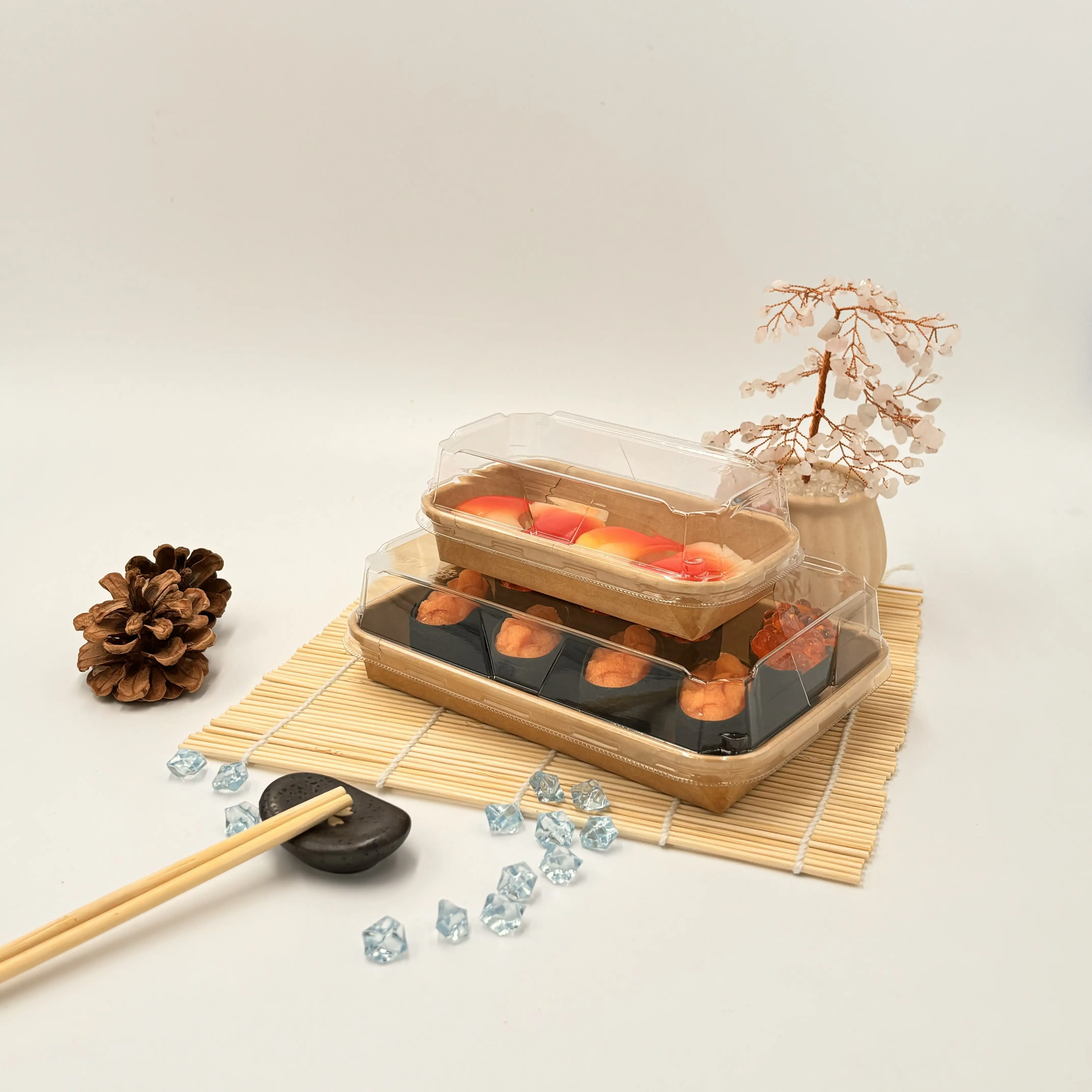 A bandeja descartável personalizada do sushi do papel de embalagem do estilo verde com a tampa anti-névoa do ANIMAL DE ESTIMAÇÃO para o uso diário fácil leva embora